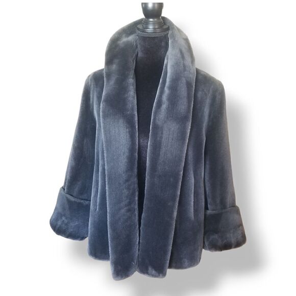 Plush Faux Fur Charcoal Open Front Vintage Jacket with Cuffed Sleeves  S… - Picture 2 of 12
